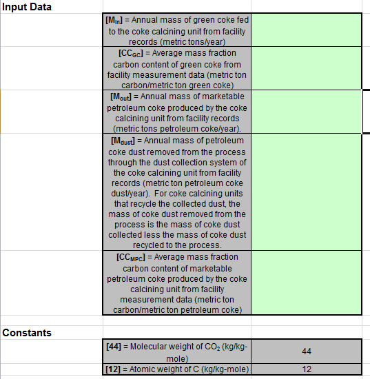Y-13 Input Spreadsheet Data Entry into the Green Cells